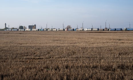 Grain trucks form a line behind a wheat field in Odesa where they wait to unload at the Black Sea port.