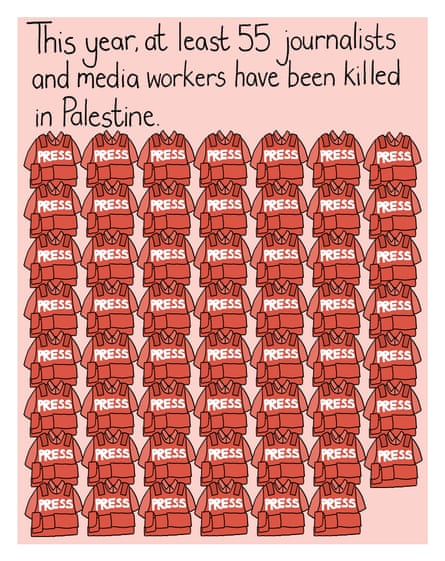 cartoon shows 55 flak jackets that say 'press', under the words 'this year, at least 55 journalists and media workers have been killed in Palestine'