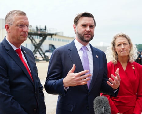 JD Vance speaks to the media after an event marking 250 years of the American military at Naval Air Station Oceana in Virginia Beach, VA.