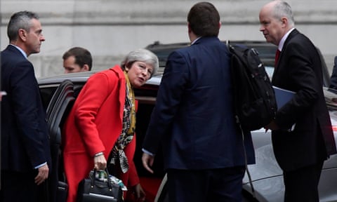 Theresa May arrives at Downing Street ahead of a meeting with worried ministers.