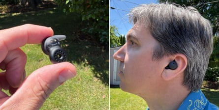 Open earbuds let you tune in without tuning out the world. Here are the five best pairs | headphones Side by side images, one of close-up of man holding earbud and one of his side profile with earbuds in ear