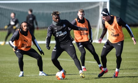 Allan Saint-Maximin on the ball in training as Newcastle prepare for the Premier League’s return