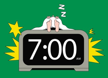 Illustration of someone asleep on a bed made of an alarm clock that is going off