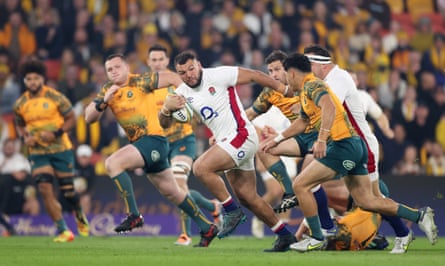 Ellis Genge rumbles forward for England in the Brisbane Test in July 2022