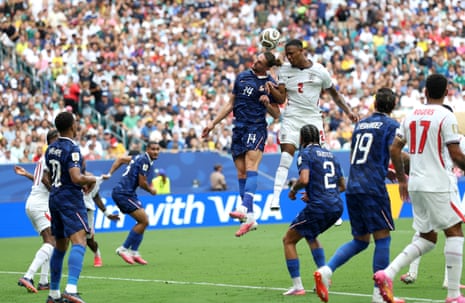 Ezri Konsa rises highest and thumps a header home to double England’s lead.