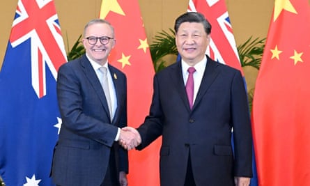 Xi Jinping and Anthony Albanese shaking hands at the G20 in November.