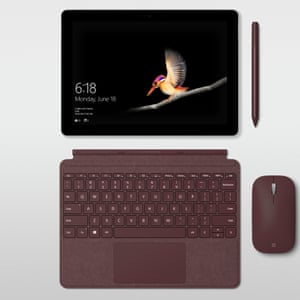 The Surface Go with the optional detachable keyboard, mouse and stylus.