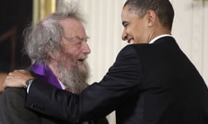 President Barack Obama presents a 2010 National Medal of Arts to poet Donald Hall, at the White House.