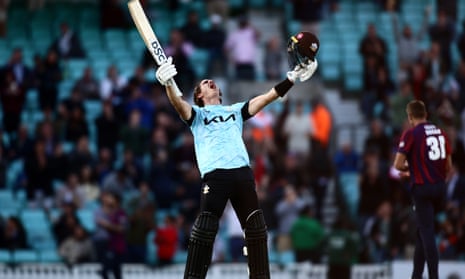 Australia’s Sean Abbott celebrates his 34-ball century for Surrey in the T20 Blast against Kent at the Oval.