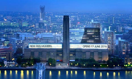 Aerial nighttime view of the illuminated exterior of the Tate Modern art gallery in London. A neon sign at the top of the building reveals a date of 17 June 2016 when the gallery is set to open its new extension.