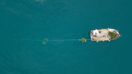A fishing boat at sea seen from above with a line strung out behind it with bits of trees attached