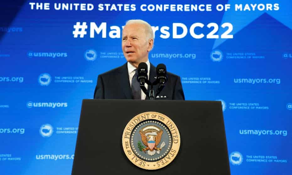President Joe Biden makes remarks at the US Conference of Mayors in Washington.