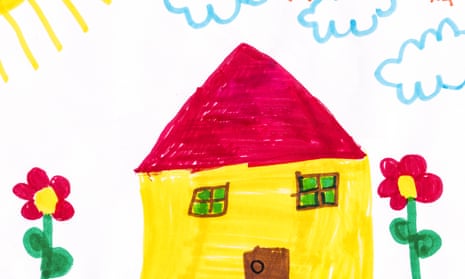 A child's drawing of a yellow house with blue clouds above it and flowers