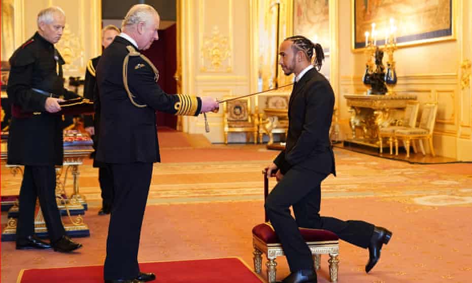 Lewis Hamilton is made a Knight Bachelor by the Prince of Wales at Windsor Castle.  