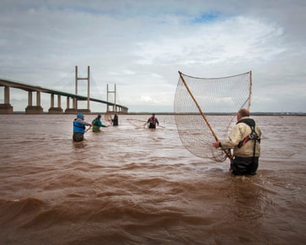 Martin Morgan among a group lave net fishing in the River Severn in 2015.