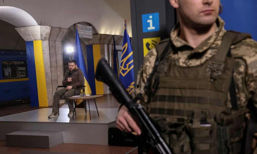 Ukraine’s President Volodymyr Zelenskiy attends a news conference at a metro station in Kyiv, Ukraine.