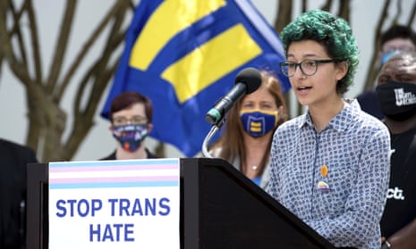 Elijah Baay, a trans person, speaks at the #LoveALTransYouth Press Conference on 30 March in Montgomery, Alabama.