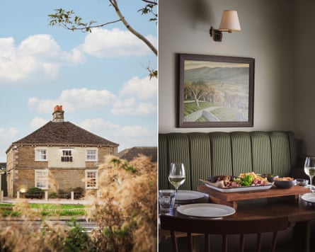 Split photograph showing the exterior of the Hide hotel and the dining room