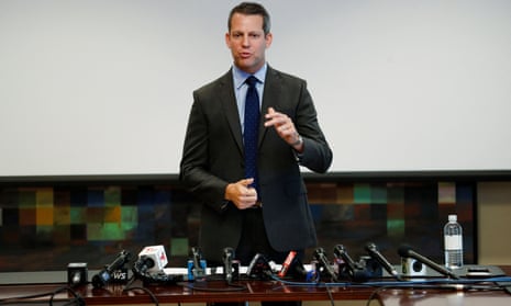 Hillsborough county state attorney Andrew Warren talks to the media after being suspended by Florida governor Ron DeSantis in Tampa, on 4 August.