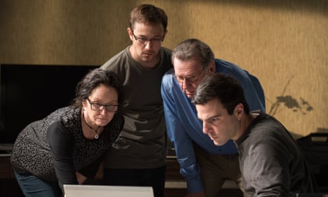 ‘Virtually every directorial choice is aimed at making Snowden’s life seem more conventional and it results in most scenes feeling like lifeless constructs’ ... Melissa Leo, Joseph Gordon-Levitt, Tom Wilkinson and Zachary Quinto in Snowden.