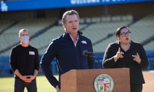 Gavin Newsom holds a news conference at Dodger Stadium on January 15.