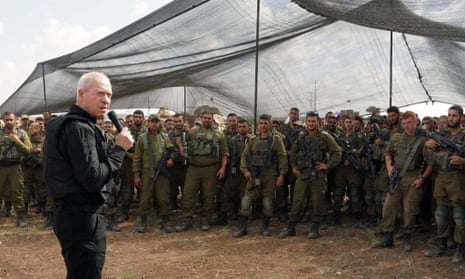 Israeli defence minister, Yoav Gallant, speaks during his visit to Israeli soldiers near the Gaza border on Thursday.