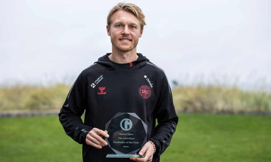 Simon Kjær pictured in Helsingør, Denmark, with his Guardian Footballer of the Year trophy.