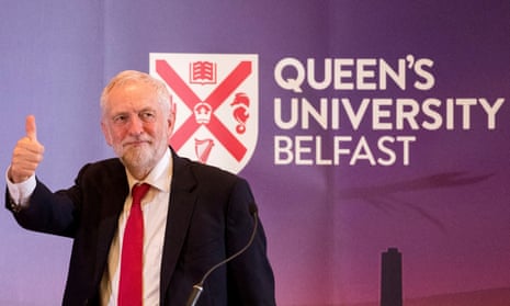 Jeremy Corbyn after delivering a lecture at Queen’s University Belfast on 24 May 2018