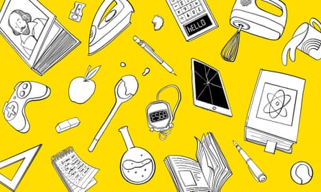 Illustration of book, game console, calculator, iron, notebook, spoon, mug, pen, ball