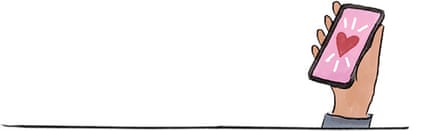 Illustration of a hand holding a phone with a pink screen and red heart in its centre