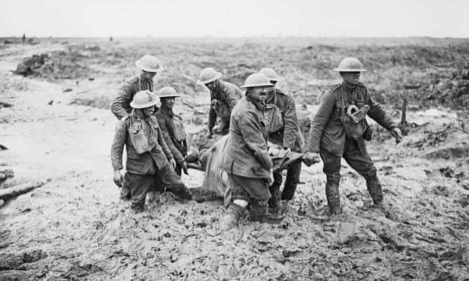 Stretcher-bearers struggle in mud to carry a wounded man to safety on Pilckem Ridge, Ypres, on 1 August 1917. The day before, Hedd Wyn had been killed in this area