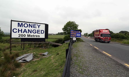 A ‘money exchanged’ sign at the border between Newry in Northern Ireland and Dundalk in the Republic of Ireland.