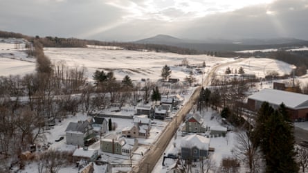 Aerial view of a small town in Vermont in winter