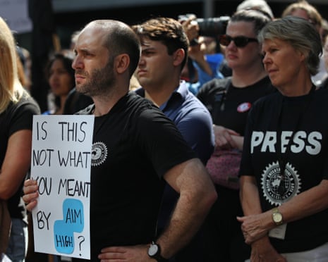 ABC broadcaster Fran Kelly (R) joins staff on strike, outside the ABC offices in Ultimo, Sydney.