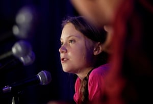 Swedish climate activist Greta Thunberg speaks during a news conference in New York.