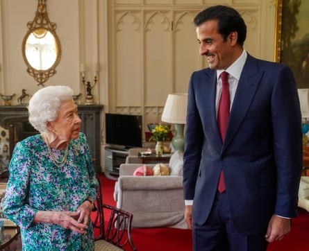 Queen Elizabeth II meets with the emir of Qatar, Sheikh Tamim, at Windsor Castle, May 2022.