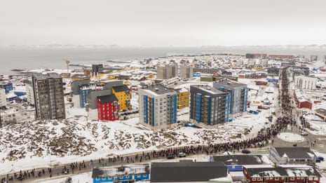 An aerial view of people taking part in a demonstration in Nuuk, Greenland.