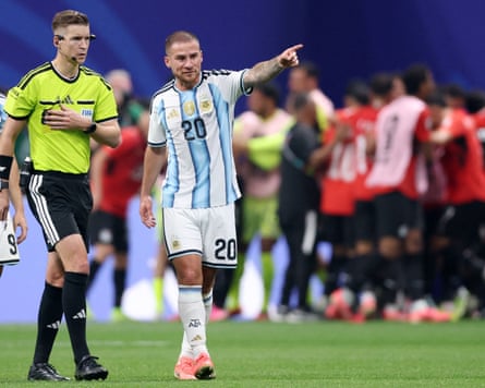 Alexis Mac Allister remonstrates to referee Francois Letexier before he disallowed Egypt’s goal