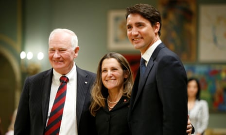 Chrystia Freeland poses with Canada’s governor general, David Johnston, left, and the prime minister, Justin Trudeau, after being sworn-in as Canada’s foreign affairs minister in Ottawa.