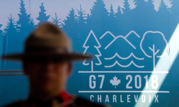 A Canadian mounted police officer at the main press centre for the G7 summit in Quebec.