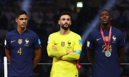 France’s Raphaël Varane, Hugo Lloris and Ibrahima Konaté look glum after losing the World Cup final