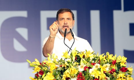 Rahul Gandhi speaking at an opposition rally in New Dehli