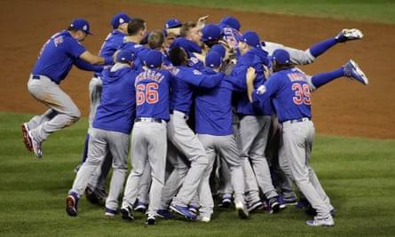 Chicago Cubs celebrate after winning baseball’s World Series in 2016.