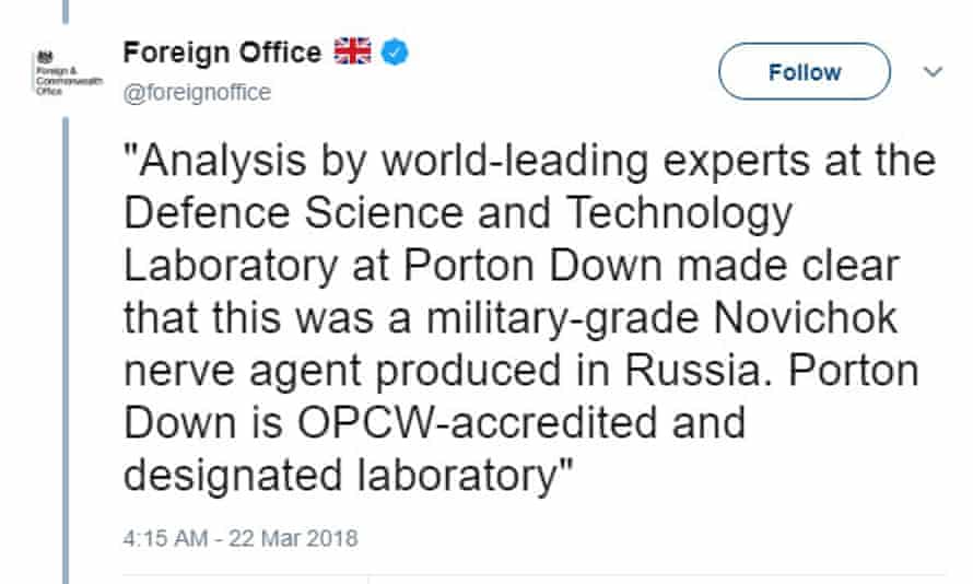 A tweet deleted by the Foreign Office inaccurately claiming that Porton Down scientists had verified the source of the novichok nerve agent believed to have been used in the attack on Sergei and Yulia Skripal.