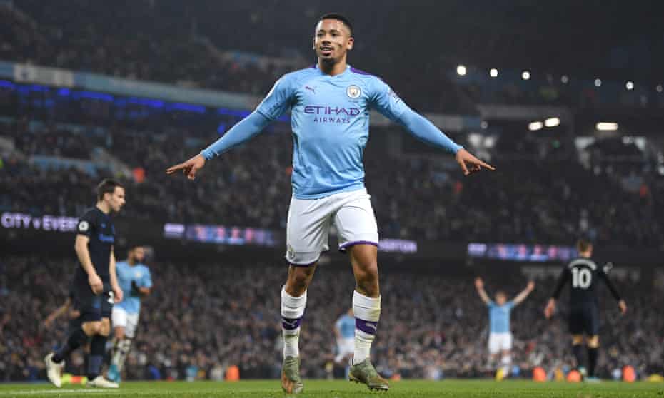 Manchester City’s Gabriel Jesus celebrates scoring his second.