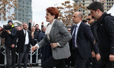 The Good party’s Meral Akşener’s arriving for a meeting of opposition party leaders in Ankara on Monday.
