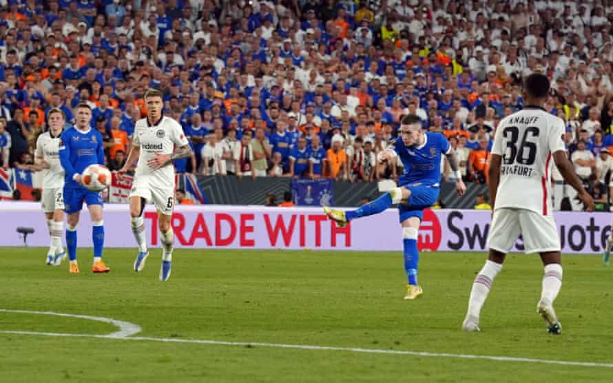 Rangers' Ryan Kent thumps a shot goalwards.