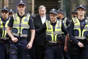 Australia’s most senior Catholic, Cardinal George Pell, leaves Melbourne magistrates court in May. Pell was charged with historic sexual assault offences