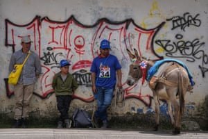 Two men, a boy and a donkey stand against a graffiti-covered wall