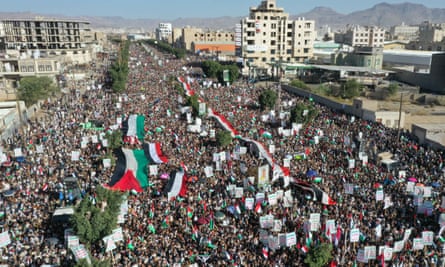 Thousands of Yemenis demonstration in support of Palestinians in Sana’a, Yemen.
